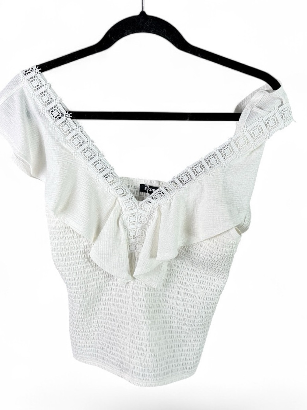 Express White Off-Shoulder Ruffle Crochet Crop Top - Picture 2 of 7